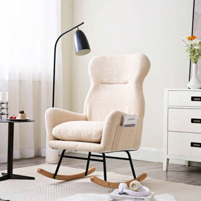 Modern Rocking Chair with High Backrest, Teddy Material Comfort Arm Rocker, Lounge Armchair Living Room