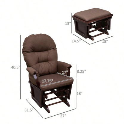 HOMCOM Nursery Glider Rocking Chair with Ottoman, Thick Padded Cushion Seating and Wood Base, Brown