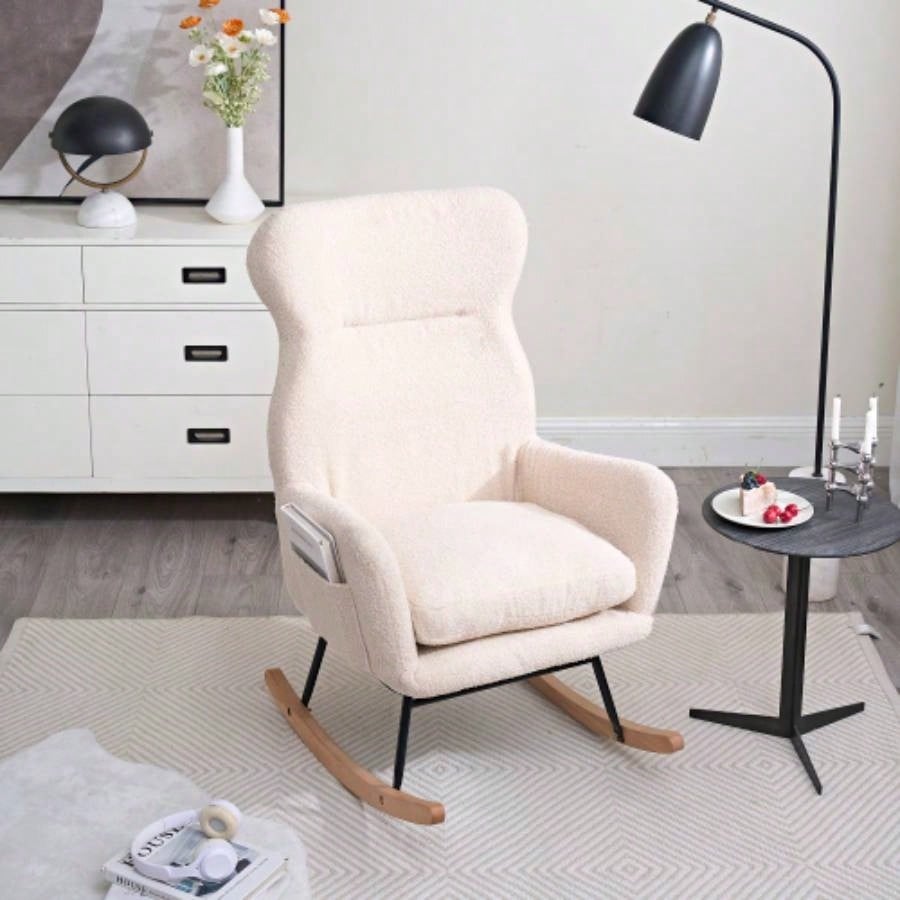 Modern Rocking Chair with High Backrest, Teddy Material Comfort Arm Rocker, Lounge Armchair Living Room