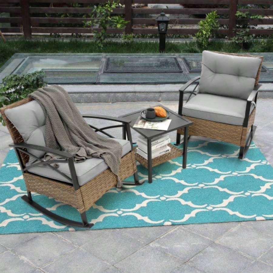 3pcs rocking rattan set leisure chair outdoor rattan rocking chair set
