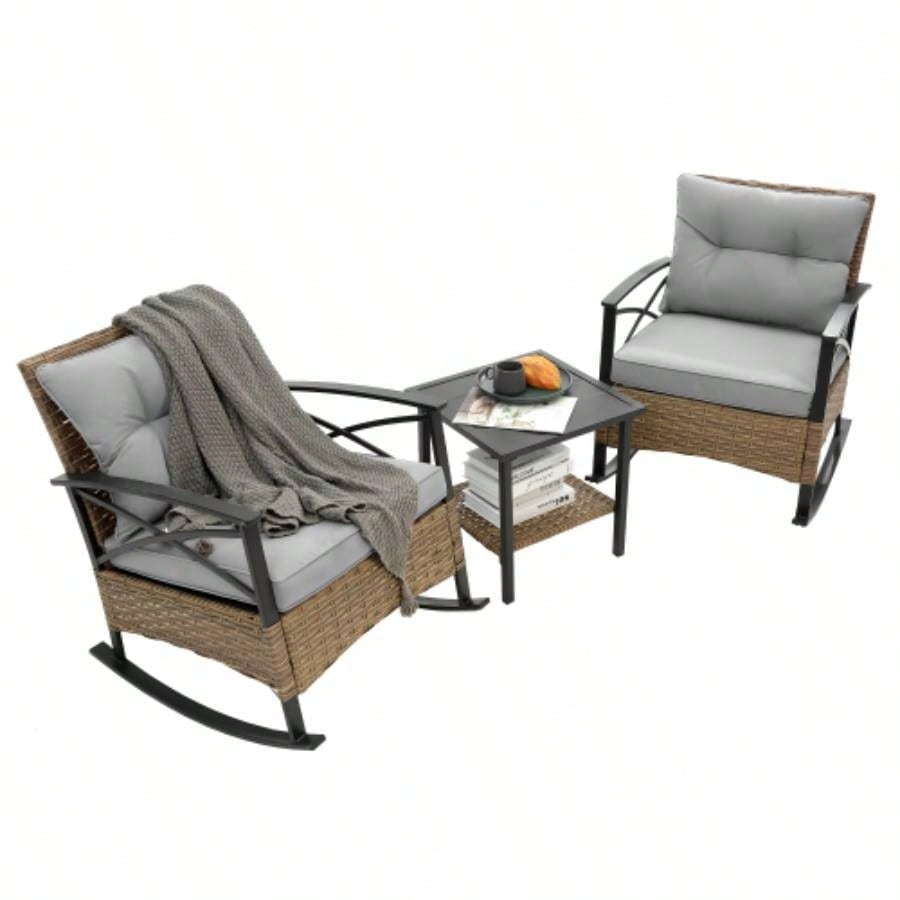 3pcs rocking rattan set leisure chair outdoor rattan rocking chair set
