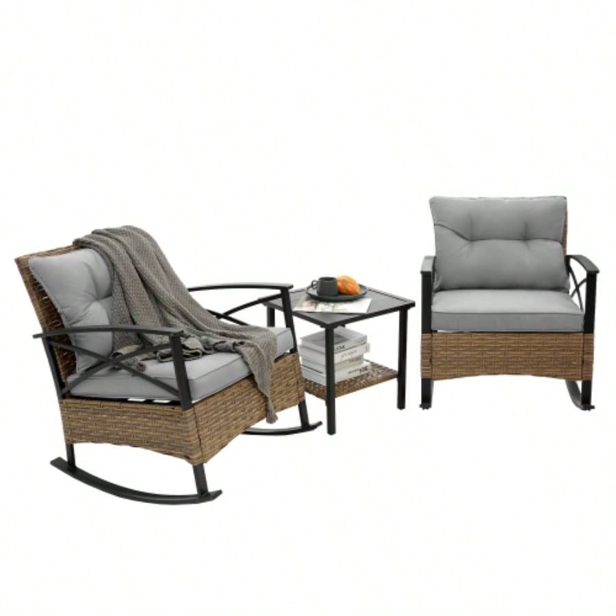 3pcs rocking rattan set leisure chair outdoor rattan rocking chair set