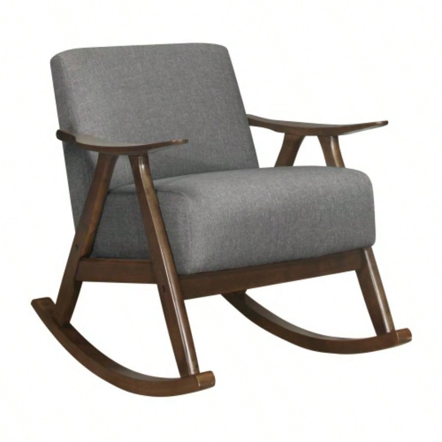 Modern Home Furniture 1pc Rocking Chair Gray Fabric Upholstered Dark Walnut Wood Cushion and Back