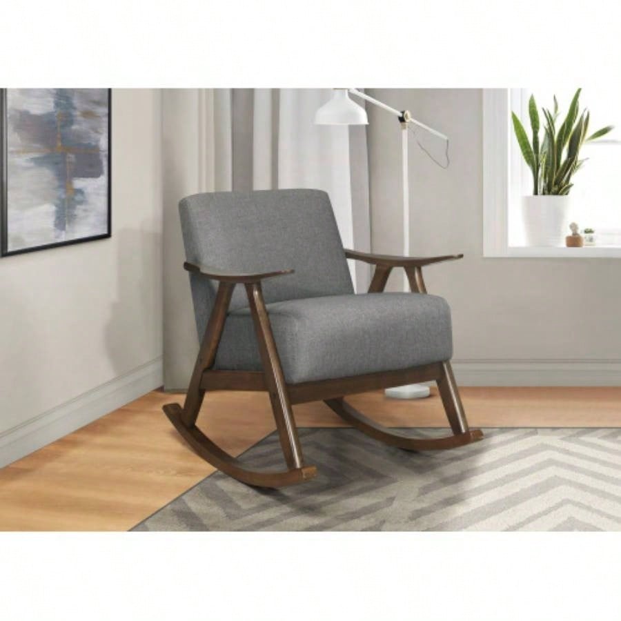 Modern Home Furniture 1pc Rocking Chair Gray Fabric Upholstered Dark Walnut Wood Cushion and Back