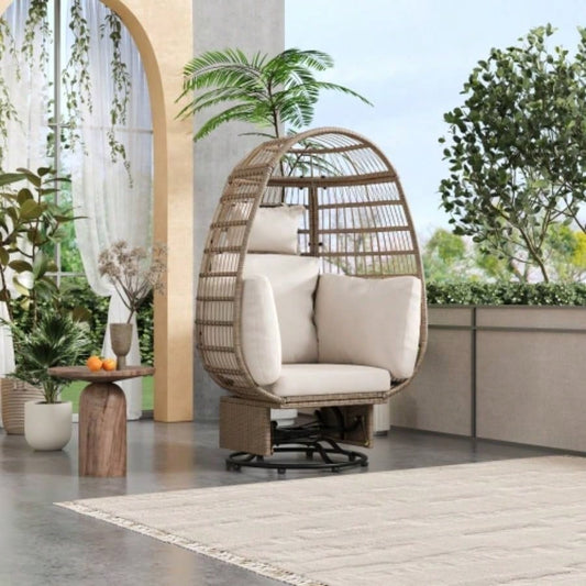 TREXM Outdoor Swivel Chair with Cushions, Rattan Patio Chair with Rocking Function Balcony, Poolside and Garden Natural Wicker+ Beige Cushion