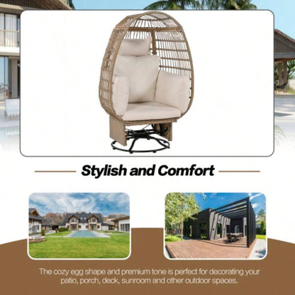 TREXM Outdoor Swivel Chair with Cushions, Rattan Patio Chair with Rocking Function Balcony, Poolside and Garden Natural Wicker+ Beige Cushion