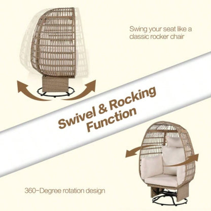 TREXM Outdoor Swivel Chair with Cushions, Rattan Patio Chair with Rocking Function Balcony, Poolside and Garden Natural Wicker+ Beige Cushion