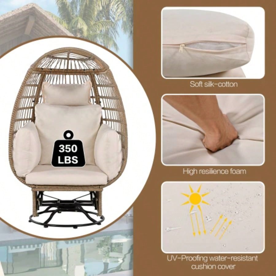 TREXM Outdoor Swivel Chair with Cushions, Rattan Patio Chair with Rocking Function Balcony, Poolside and Garden Natural Wicker+ Beige Cushion
