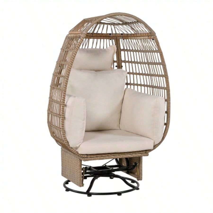 TREXM Outdoor Swivel Chair with Cushions, Rattan Patio Chair with Rocking Function Balcony, Poolside and Garden Natural Wicker+ Beige Cushion