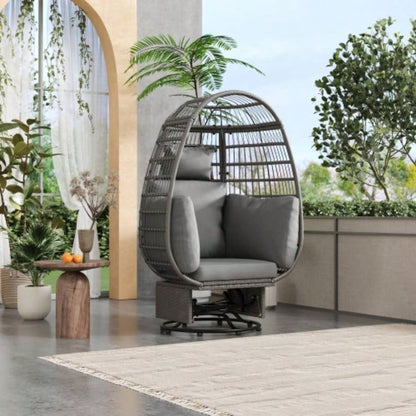 TREXM Outdoor Swivel Chair with Cushions, Rattan Patio Chair with Rocking Function Balcony, Poolside and Garden Natural Wicker+ Beige Cushion