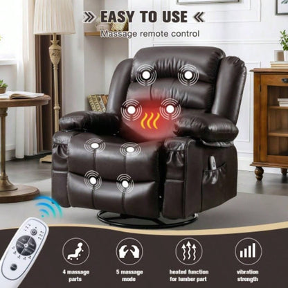 Massage Swivel Rocker Recliner Chair with Vibration Massage and Heat Ergonomic Lounge Chair Living Room with Rocking Function and Side Pocket 2 Cup Holders USB Charge Port, BROWN