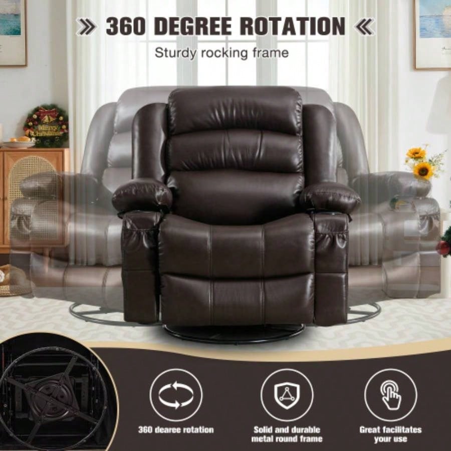 Massage Swivel Rocker Recliner Chair with Vibration Massage and Heat Ergonomic Lounge Chair Living Room with Rocking Function and Side Pocket 2 Cup Holders USB Charge Port, BROWN