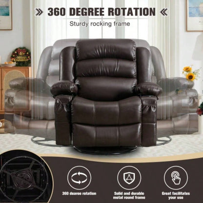 Massage Swivel Rocker Recliner Chair with Vibration Massage and Heat Ergonomic Lounge Chair Living Room with Rocking Function and Side Pocket 2 Cup Holders USB Charge Port, BROWN