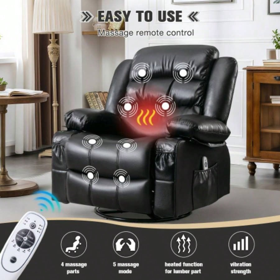 Massage Swivel Rocker Recliner Chair with Vibration Massage and Heat Ergonomic Lounge Chair Living Room with Rocking Function and Side Pocket 2 Cup Holders USB Charge Port, black.