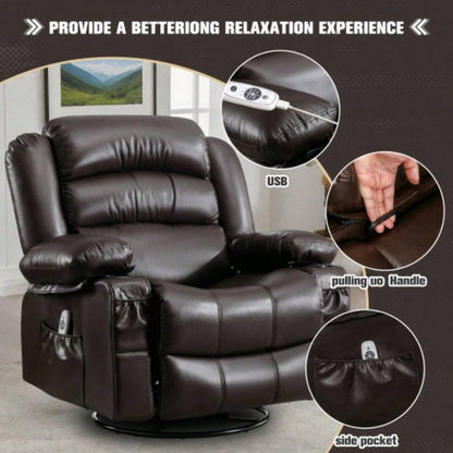 Massage Swivel Rocker Recliner Chair with Vibration Massage and Heat Ergonomic Lounge Chair Living Room with Rocking Function and Side Pocket 2 Cup Holders USB Charge Port, BROWN