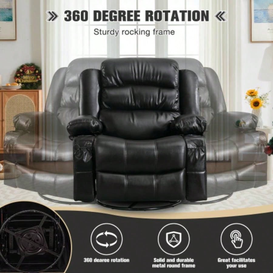 Massage Swivel Rocker Recliner Chair with Vibration Massage and Heat Ergonomic Lounge Chair Living Room with Rocking Function and Side Pocket 2 Cup Holders USB Charge Port, black.