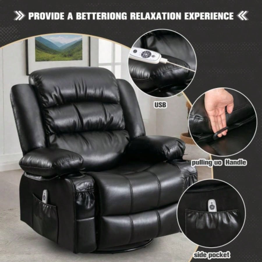 Massage Swivel Rocker Recliner Chair with Vibration Massage and Heat Ergonomic Lounge Chair Living Room with Rocking Function and Side Pocket 2 Cup Holders USB Charge Port, black.
