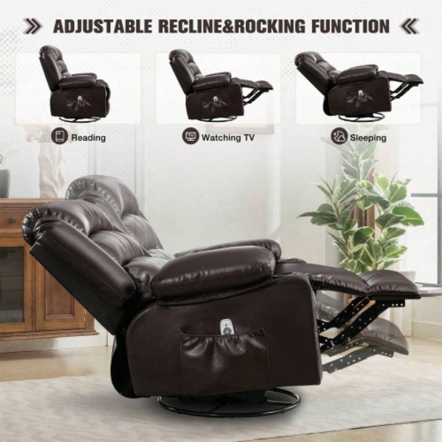Massage Swivel Rocker Recliner Chair with Vibration Massage and Heat Ergonomic Lounge Chair Living Room with Rocking Function and Side Pocket 2 Cup Holders USB Charge Port, BROWN