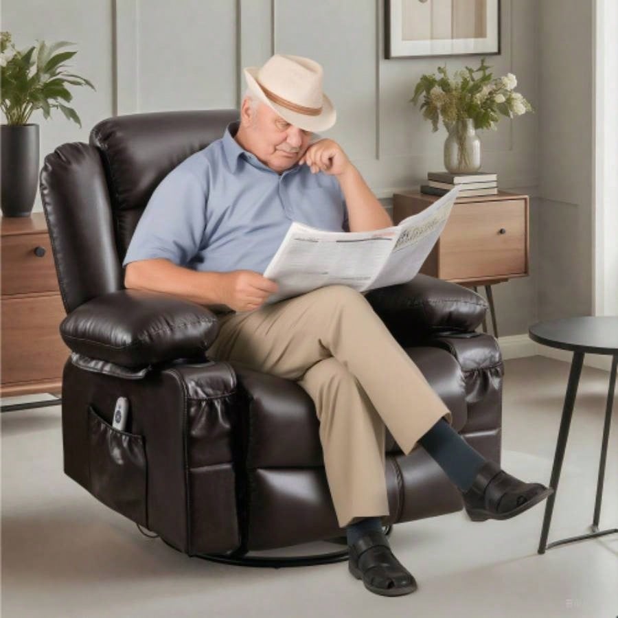 Massage Swivel Rocker Recliner Chair with Vibration Massage and Heat Ergonomic Lounge Chair Living Room with Rocking Function and Side Pocket 2 Cup Holders USB Charge Port, BROWN