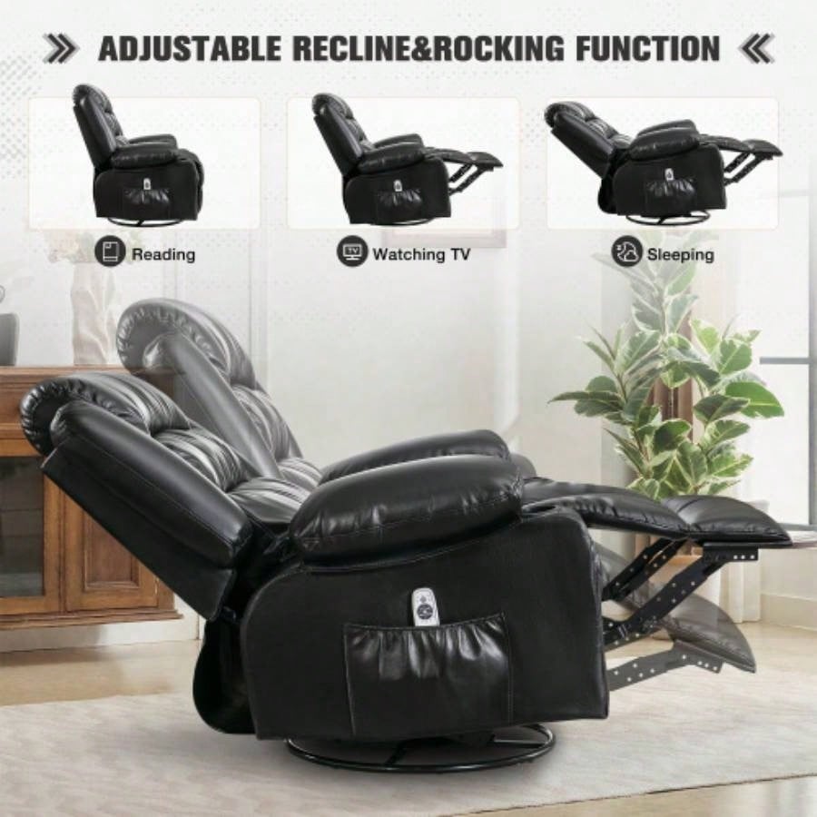 Massage Swivel Rocker Recliner Chair with Vibration Massage and Heat Ergonomic Lounge Chair Living Room with Rocking Function and Side Pocket 2 Cup Holders USB Charge Port, black.