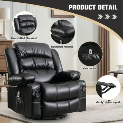 Massage Swivel Rocker Recliner Chair with Vibration Massage and Heat Ergonomic Lounge Chair Living Room with Rocking Function and Side Pocket 2 Cup Holders USB Charge Port, black.