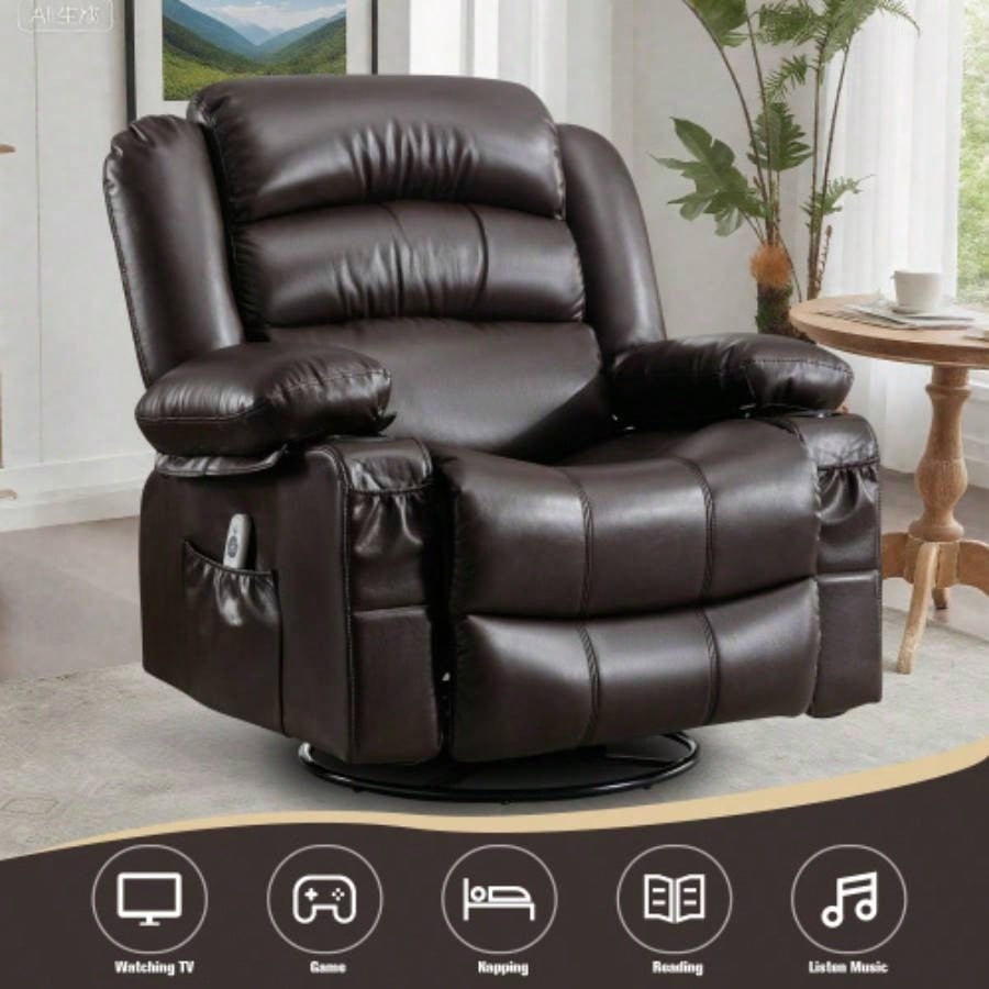 Massage Swivel Rocker Recliner Chair with Vibration Massage and Heat Ergonomic Lounge Chair Living Room with Rocking Function and Side Pocket 2 Cup Holders USB Charge Port, BROWN