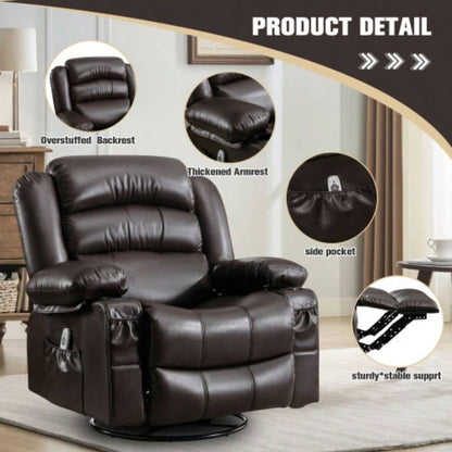 Massage Swivel Rocker Recliner Chair with Vibration Massage and Heat Ergonomic Lounge Chair Living Room with Rocking Function and Side Pocket 2 Cup Holders USB Charge Port, BROWN