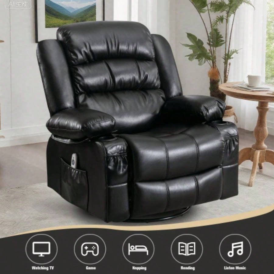 Massage Swivel Rocker Recliner Chair with Vibration Massage and Heat Ergonomic Lounge Chair Living Room with Rocking Function and Side Pocket 2 Cup Holders USB Charge Port, black.