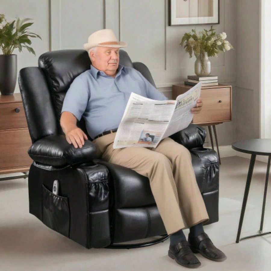 Massage Swivel Rocker Recliner Chair with Vibration Massage and Heat Ergonomic Lounge Chair Living Room with Rocking Function and Side Pocket 2 Cup Holders USB Charge Port, black.