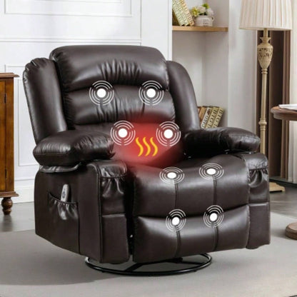 Massage Swivel Rocker Recliner Chair with Vibration Massage and Heat Ergonomic Lounge Chair Living Room with Rocking Function and Side Pocket 2 Cup Holders USB Charge Port, BROWN