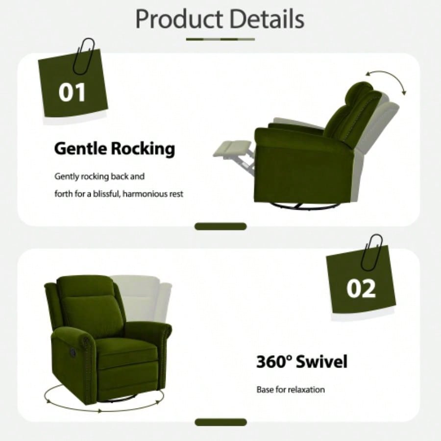 360 Swivel Recliner Manual Rocking Recliner Home Theater Manual Recliner Chair Nursery Rocker with Adjustable Backrest Living Room, Green