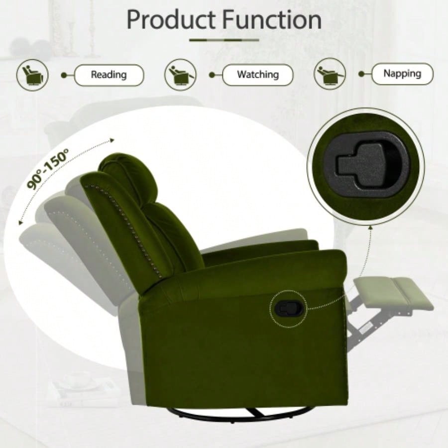 360 Swivel Recliner Manual Rocking Recliner Home Theater Manual Recliner Chair Nursery Rocker with Adjustable Backrest Living Room, Green