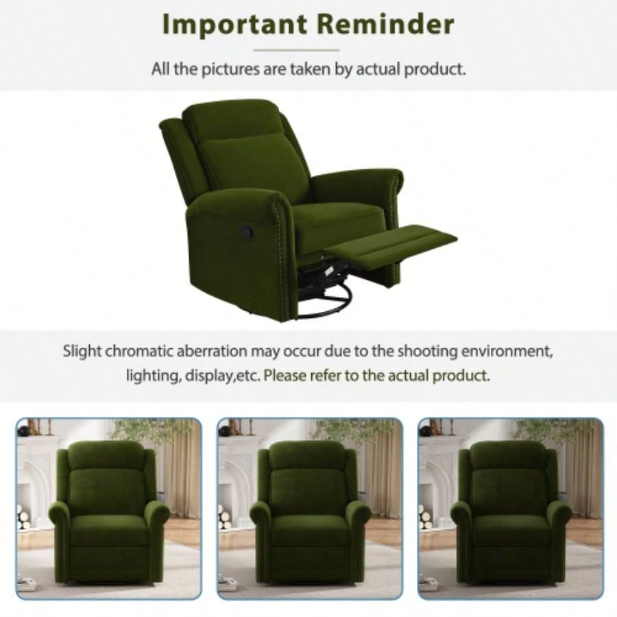 360 Swivel Recliner Manual Rocking Recliner Home Theater Manual Recliner Chair Nursery Rocker with Adjustable Backrest Living Room, Green