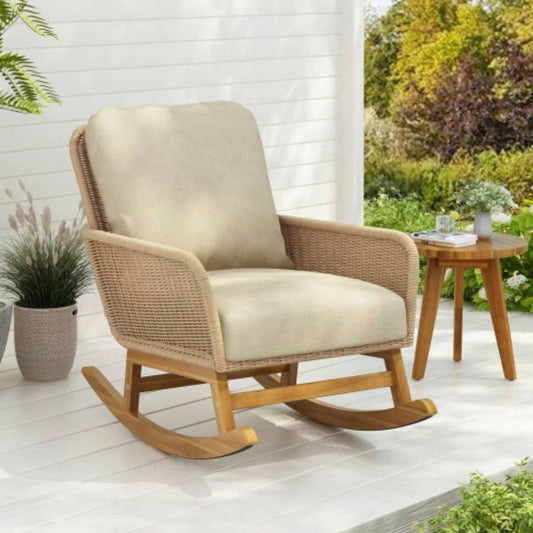 Contemporary Minimalist Beige Wicker Rocking Chair with Soft Polyester Cushions and Durable Wooden Frame, Indoor and Outdoor Spaces like Patio, Balcony, or Living Room