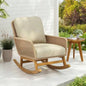 Contemporary Minimalist Beige Wicker Rocking Chair with Soft Polyester Cushions and Durable Wooden Frame, Indoor and Outdoor Spaces like Patio, Balcony, or Living Room