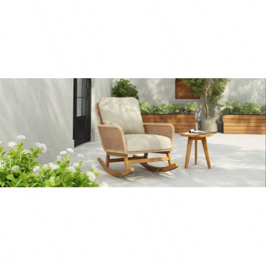 Contemporary Minimalist Beige Wicker Rocking Chair with Soft Polyester Cushions and Durable Wooden Frame, Indoor and Outdoor Spaces like Patio, Balcony, or Living Room