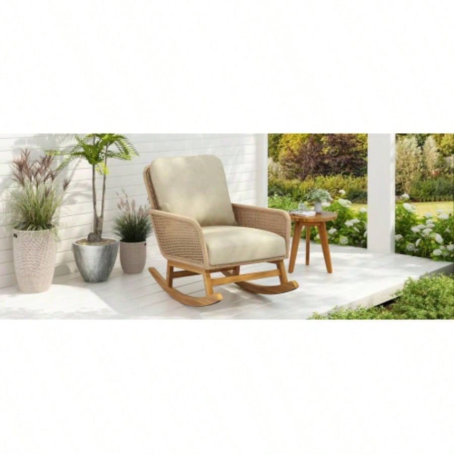 Contemporary Minimalist Beige Wicker Rocking Chair with Soft Polyester Cushions and Durable Wooden Frame, Indoor and Outdoor Spaces like Patio, Balcony, or Living Room