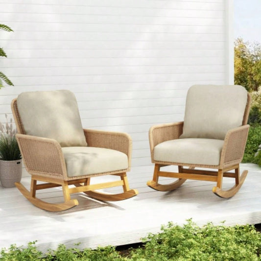 Set of 2 Contemporary Minimalist Beige Wicker Rocking Chair with Soft Polyester Cushions and Durable Wooden Frame, Indoor and Outdoor Spaces like Patio, Balcony, or Living Room