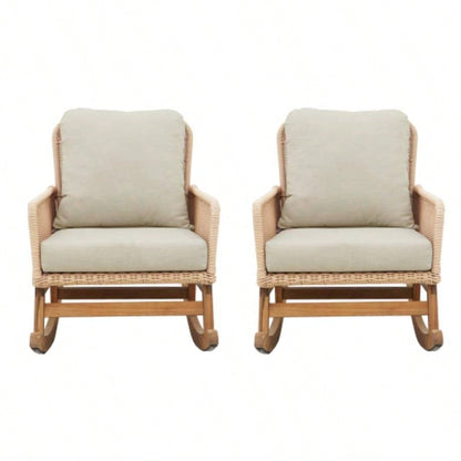 Set of 2 Contemporary Minimalist Beige Wicker Rocking Chair with Soft Polyester Cushions and Durable Wooden Frame, Indoor and Outdoor Spaces like Patio, Balcony, or Living Room