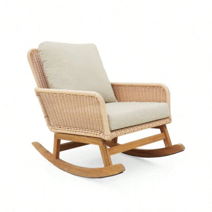 Set of 2 Contemporary Minimalist Beige Wicker Rocking Chair with Soft Polyester Cushions and Durable Wooden Frame, Indoor and Outdoor Spaces like Patio, Balcony, or Living Room