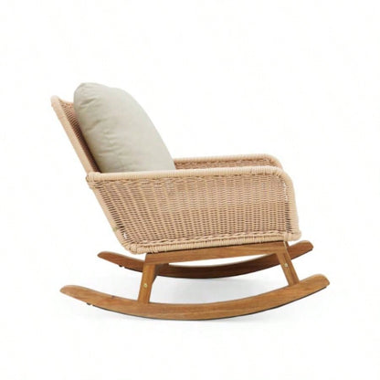Set of 2 Contemporary Minimalist Beige Wicker Rocking Chair with Soft Polyester Cushions and Durable Wooden Frame, Indoor and Outdoor Spaces like Patio, Balcony, or Living Room
