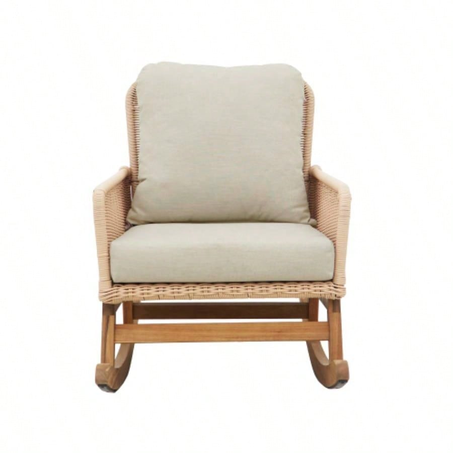Set of 2 Contemporary Minimalist Beige Wicker Rocking Chair with Soft Polyester Cushions and Durable Wooden Frame, Indoor and Outdoor Spaces like Patio, Balcony, or Living Room