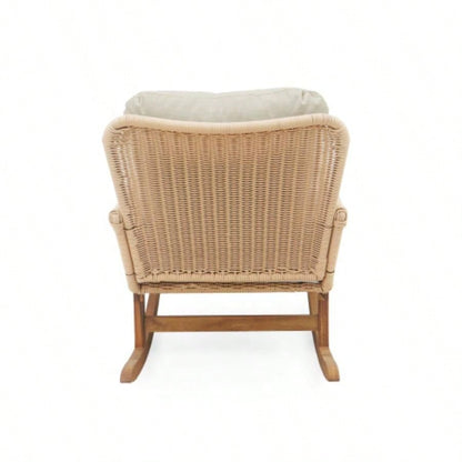 Set of 2 Contemporary Minimalist Beige Wicker Rocking Chair with Soft Polyester Cushions and Durable Wooden Frame, Indoor and Outdoor Spaces like Patio, Balcony, or Living Room