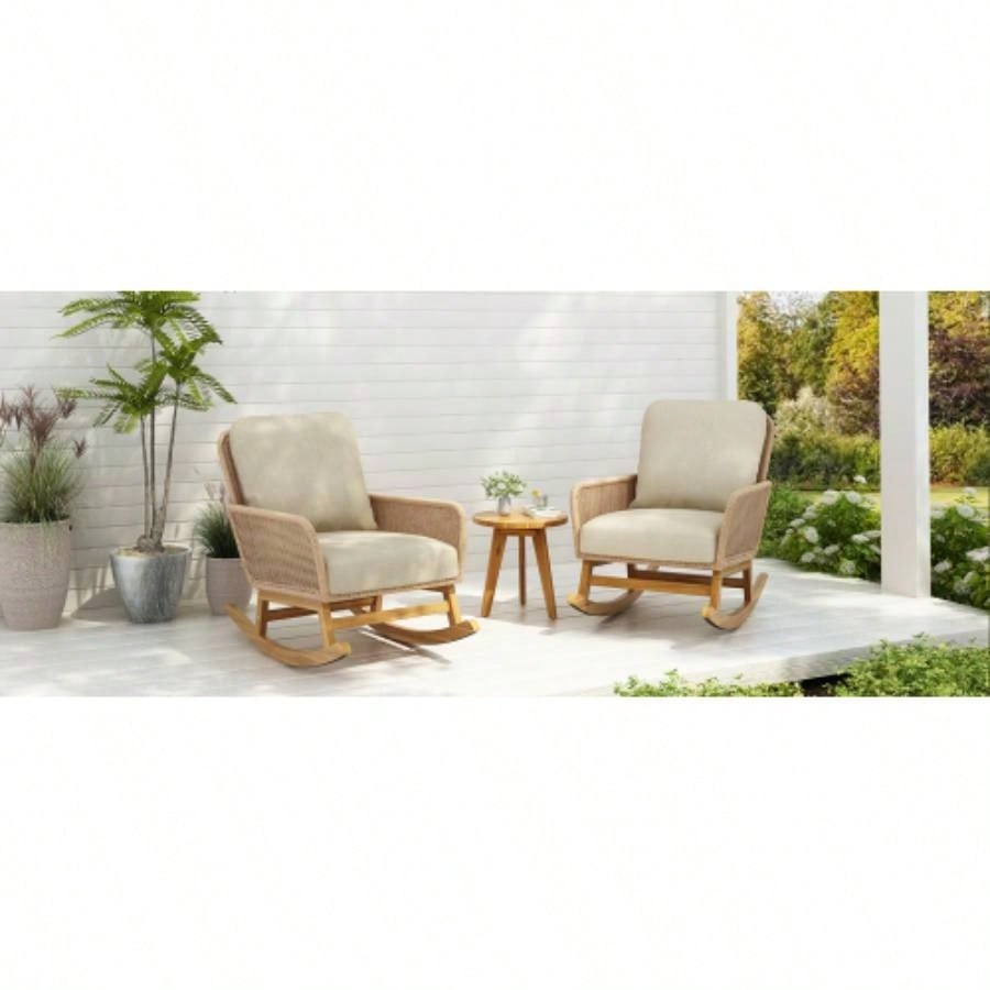 Modern 3 - Piece Outdoor Seating Set with Beige Cushioned PE Rattan Rocking Chairs and Wooden Accent Table, Patio or Balcony Relaxation