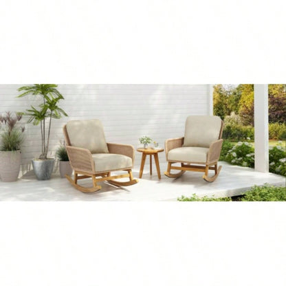 Modern 3 - Piece Outdoor Seating Set with Beige Cushioned PE Rattan Rocking Chairs and Wooden Accent Table, Patio or Balcony Relaxation