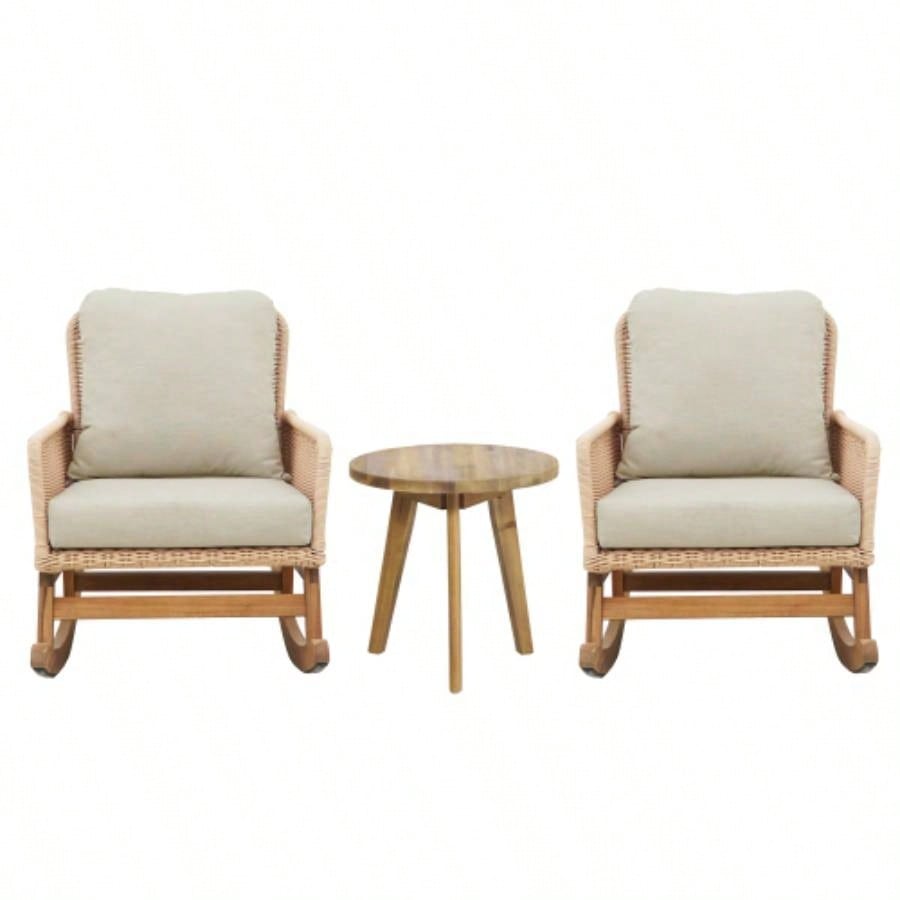 Modern 3 - Piece Outdoor Seating Set with Beige Cushioned PE Rattan Rocking Chairs and Wooden Accent Table, Patio or Balcony Relaxation