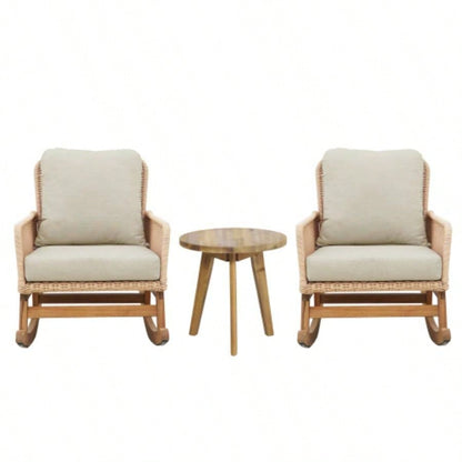 Modern 3 - Piece Outdoor Seating Set with Beige Cushioned PE Rattan Rocking Chairs and Wooden Accent Table, Patio or Balcony Relaxation