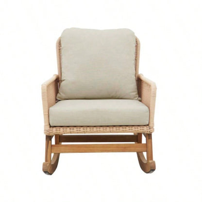 Modern 3 - Piece Outdoor Seating Set with Beige Cushioned PE Rattan Rocking Chairs and Wooden Accent Table, Patio or Balcony Relaxation