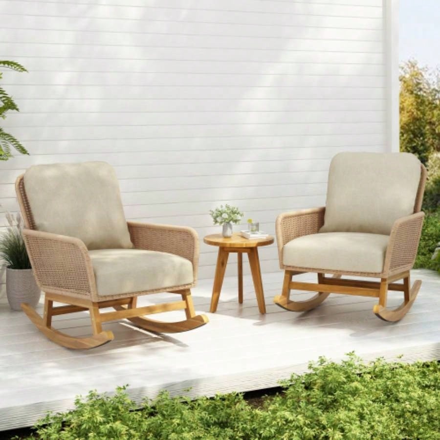 Modern 3 - Piece Outdoor Seating Set with Beige Cushioned PE Rattan Rocking Chairs and Wooden Accent Table, Patio or Balcony Relaxation