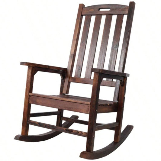 Wooden Oversized Porch Rocker Chair With Wide and Tall Backrest, High Back Smooth Rocking Chairs Outdoor Indoor, brown color